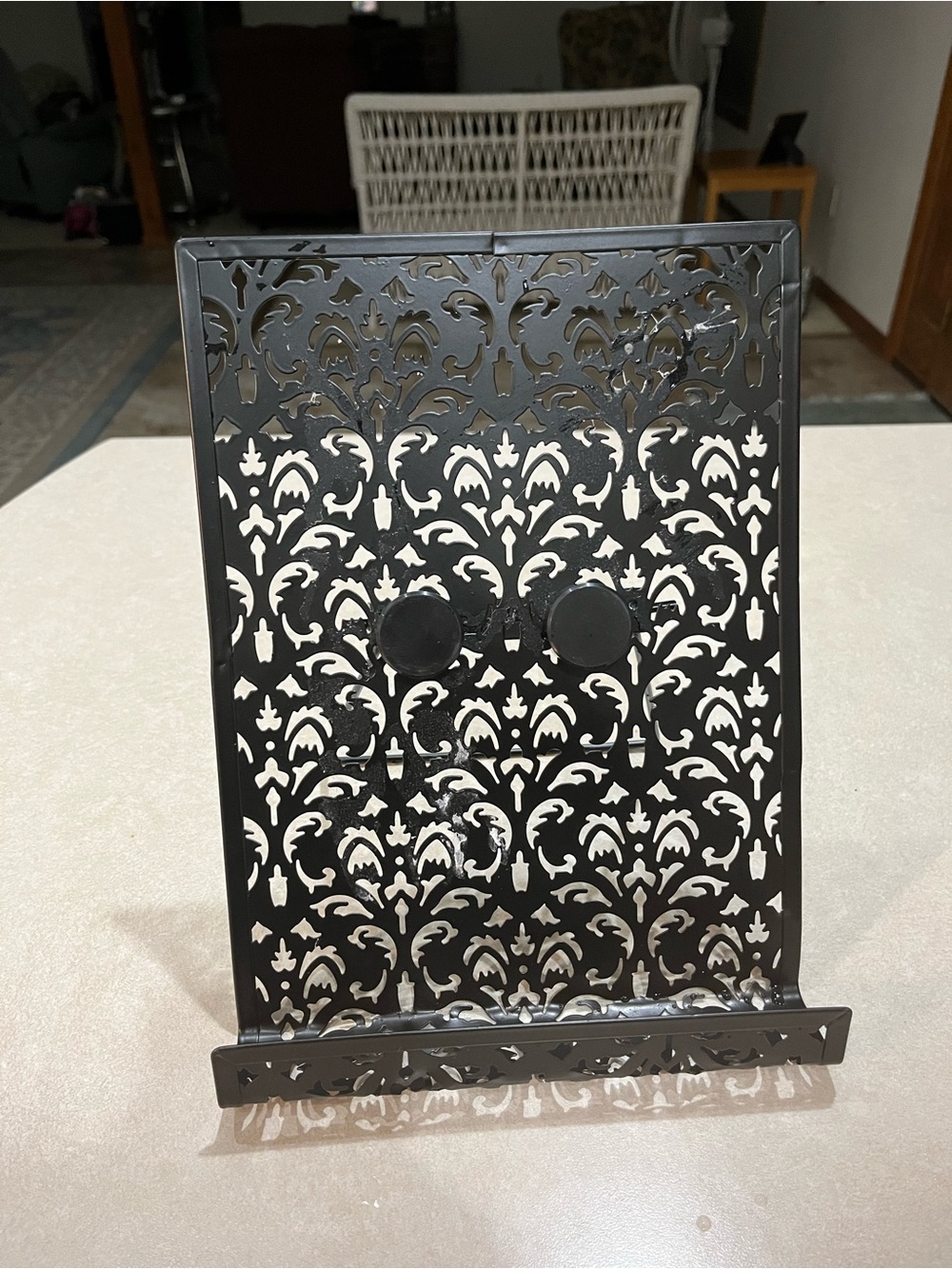 Black Decorative Metal Cookbook Holder with Filigree Pattern
